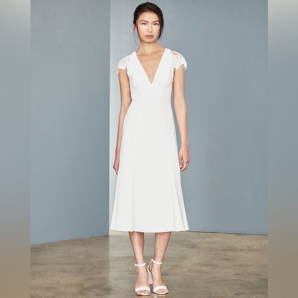 AMSALE LW142 Crepe Midi Dress — White, Size 4, NWT
